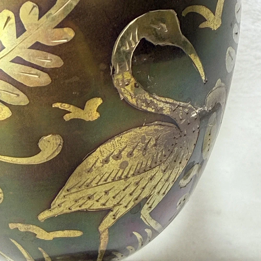 VTG Iridescent Brass Vase Etched Heron Floral Scalloped Rim Pedestal‎ 12 inch